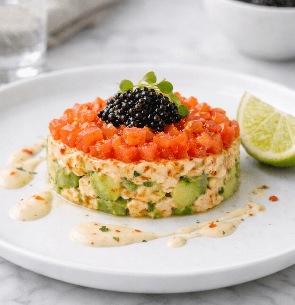 Krabcocktail in timbaal van avocado en krab met limoenmayonaise