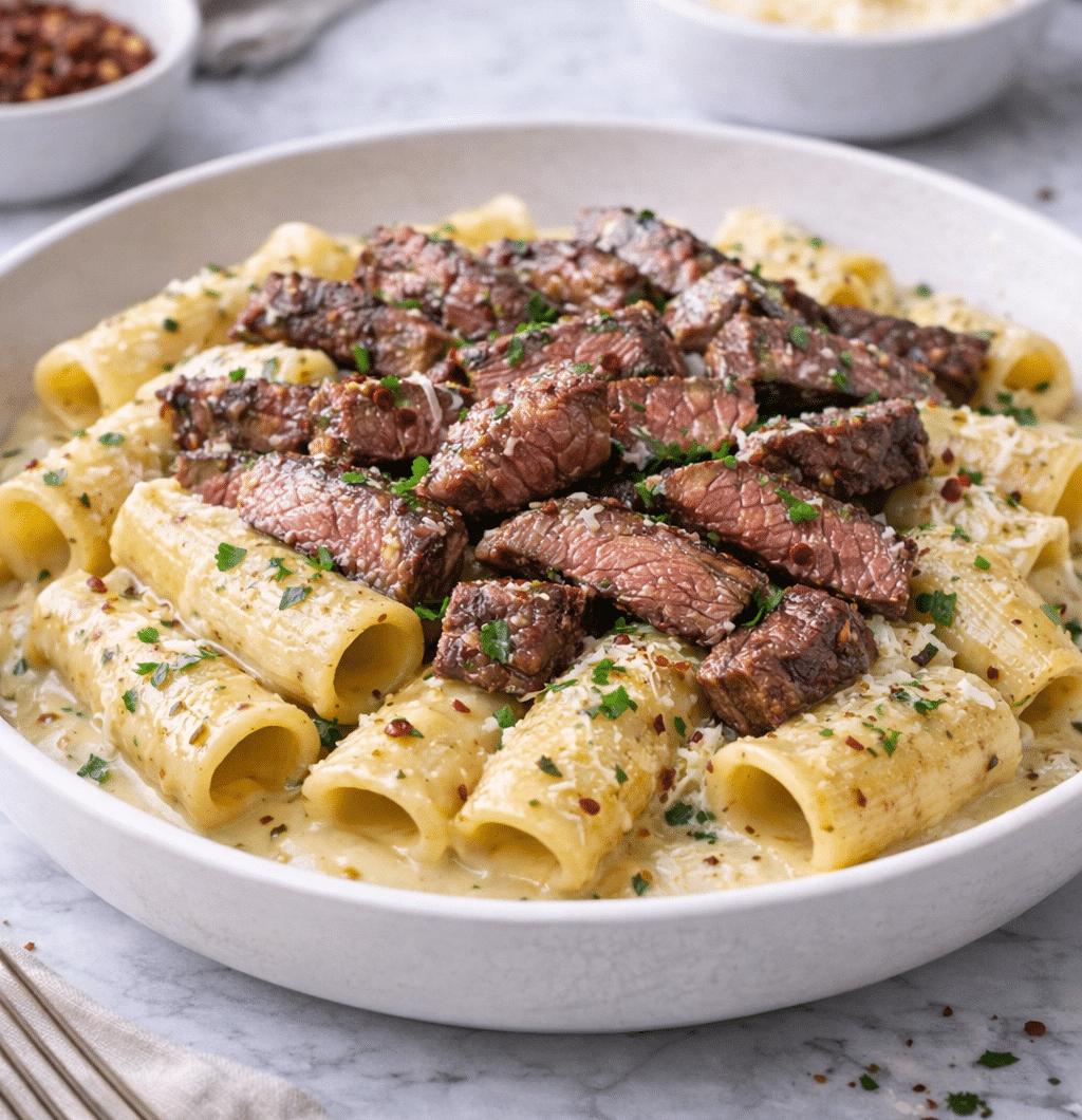 Rigatoni met ribeye in romige Parmezaan-knoflooksaus